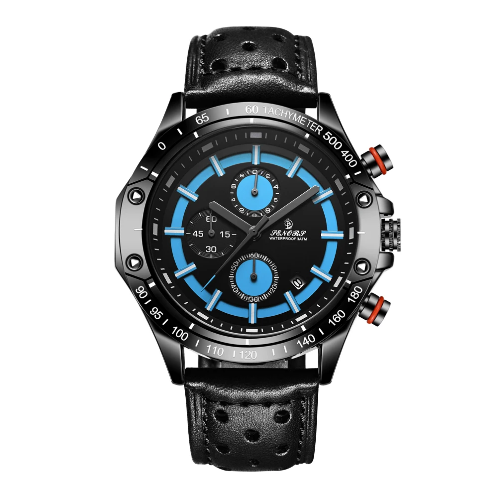 

SENORS Black Leather Blue Dial Chronograph Quartz Mens Watches Stainless Steel Back Water Resistant Man Male Wristwatch