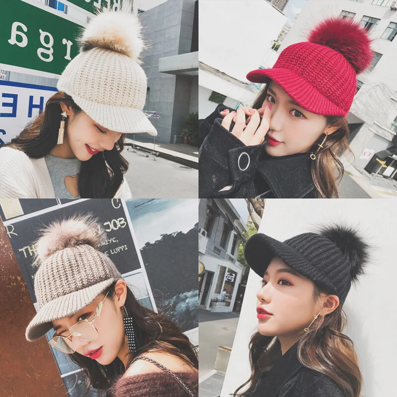 2017 Autumn Winter New Hot Fashion Women Casual Simple Warm Visors Female Thick Knitting Feathers Ball Hats Caps Students | Аксессуары