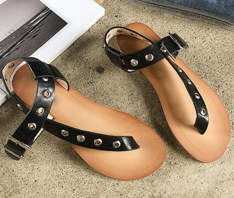 Girls Ladies Flip Thong Flats Casual Rock Metal Decor Women PU Leather Shoes Woman Summer Sandals Zapatos Mujer Sapato F181266 | Обувь