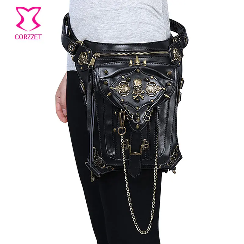 Corzzet Black PU Leather Skull&Rivet Steampunk Waist Bag Retor Women's Motorcycle Rock Cross Body Bag Gothic Accessories Corset
