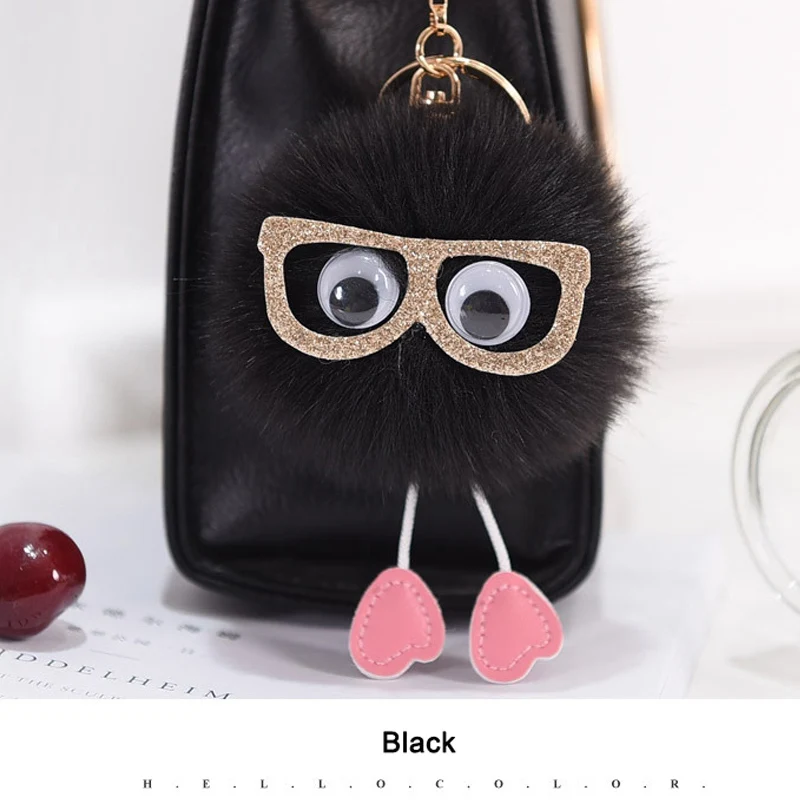 Black Женский пушистый меховой брелок с кисточкой для сумки kawaii очки брелок для ключей с животным искусственным кроличьим мехом помпон автомобильный брелок - Цвет: Black