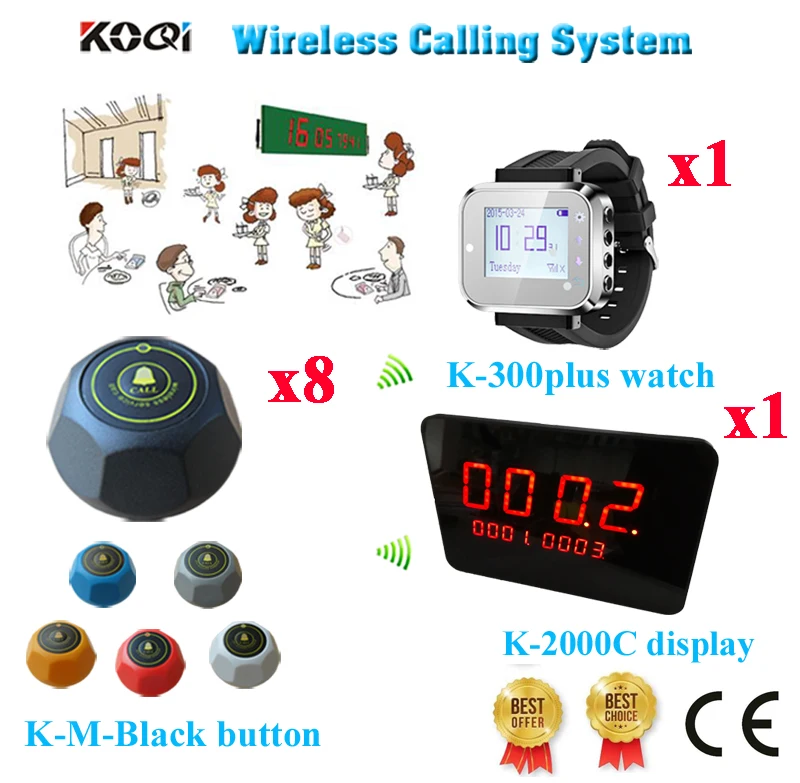 Wireless Table Bell System 433.92mhz CE Guest Calling Buzzer For Restaurant Hotel Equipment( 1 display+ 1 watch+ 8 call button)