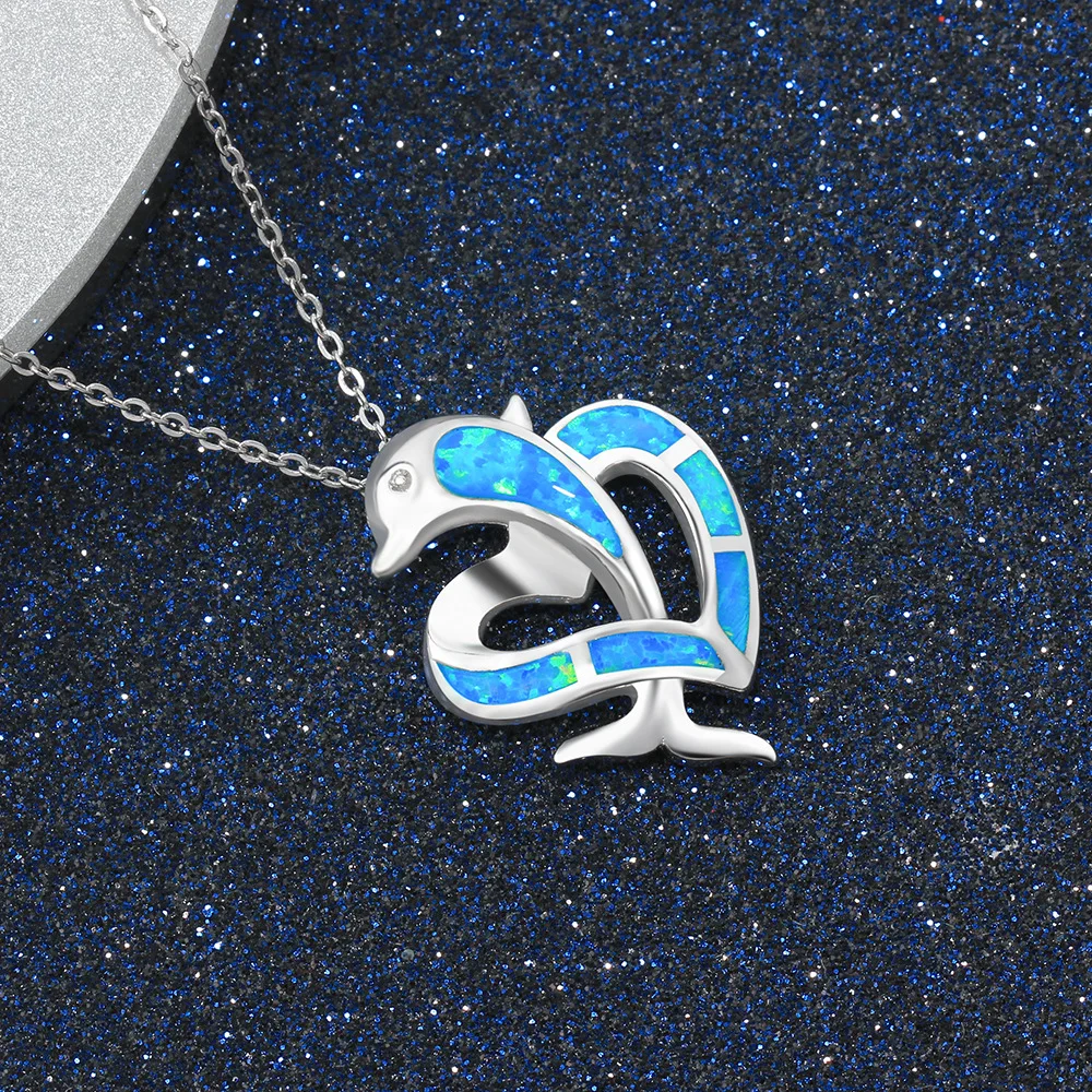 LANCAI Мода милый Синий огненный опал Дельфин Цепочки и ожерелья 925 пробы серебряный