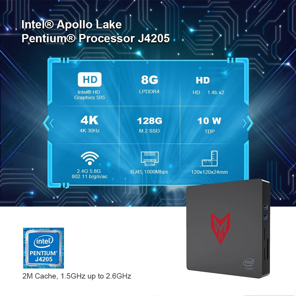 Мини ПК MII Intel Apollo Lake J4205 8GB 128GB Win 10 мини медиаплеер HD1.4b BT4.0 2 4G wifi 10|Мини ПК| |