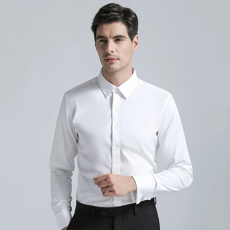 

High Quality Brands New Men's Cotton Dress Shirts Regular Fit Cufflink Shirt Men Solid Color Long Sleeve Business Suits