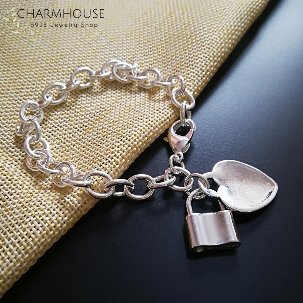 

Solid Silver 925 Bracelets For Women Heart Square Lock Tag Charm Bracelet Bangles Wristband Pulseira Wedding Bridal Jewelry