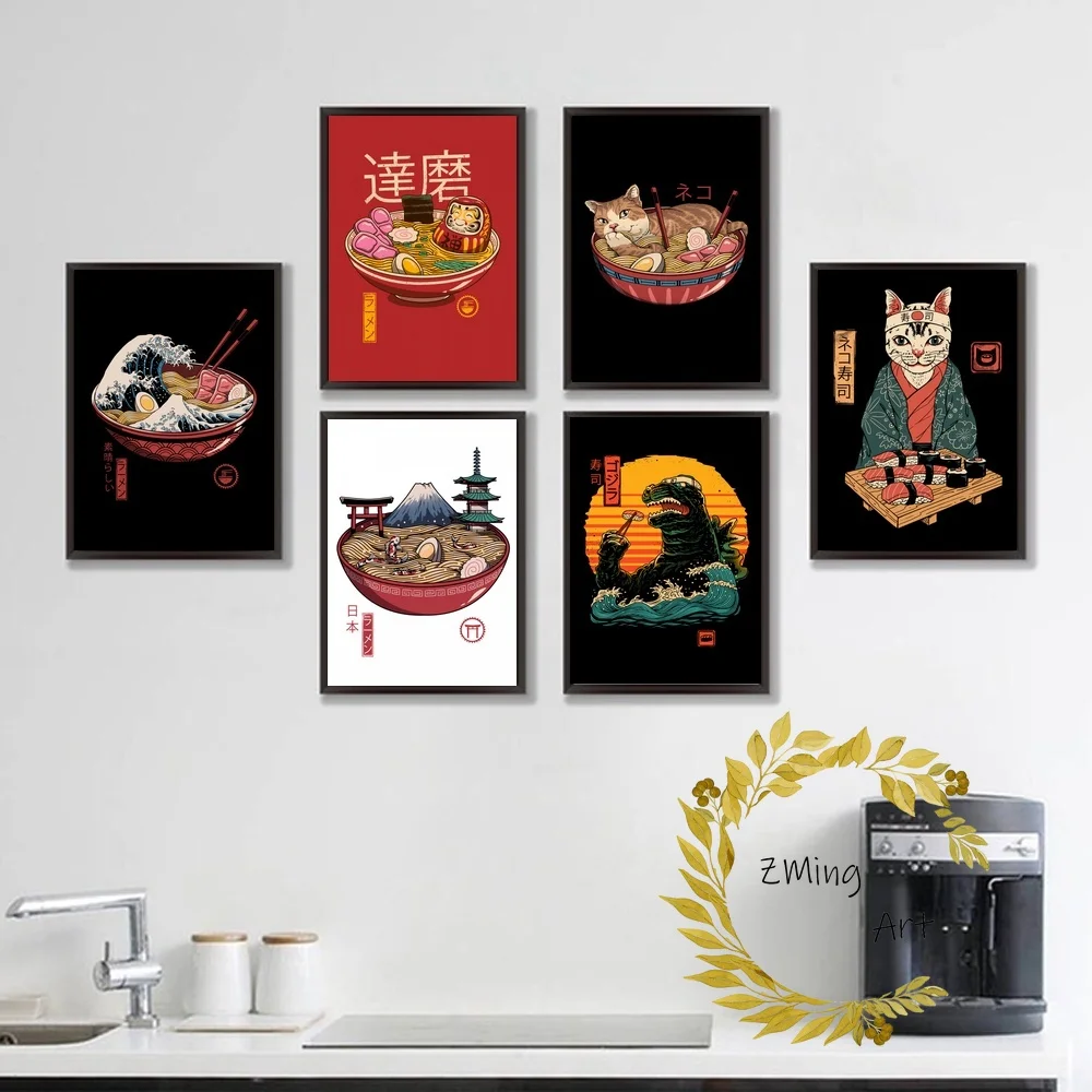 Японский ретро постер Зен рамен король суши Неко Тако в японском стиле на холсте