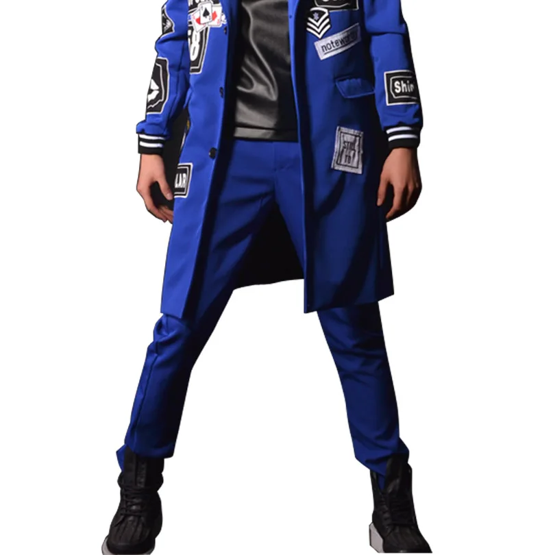 pants Индивидуальный заказ ночной клуб сценическое шоу одежда певица DJ лоскутное для мужчин синий длинный костюм пальто Мужская мода Slim Fit блейзеры куртка - Цвет: pants