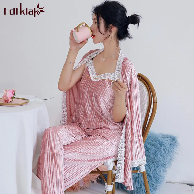 Fdfklak, новинка, Осень-зима, пижама, для женщин, длинный рукав, бархат, теплая, для сна, Женская пижама, набор, милая, кружевная, Ночная одежда, пижама
