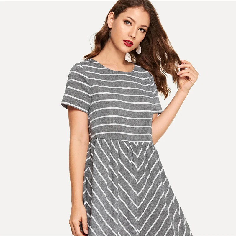 SHEIN Полосатое Платье макси с шевронным принтом, женское повседневное летнее платье с коротким рукавом, хлопковое женское платье трапециевидной формы с круглым вырезом