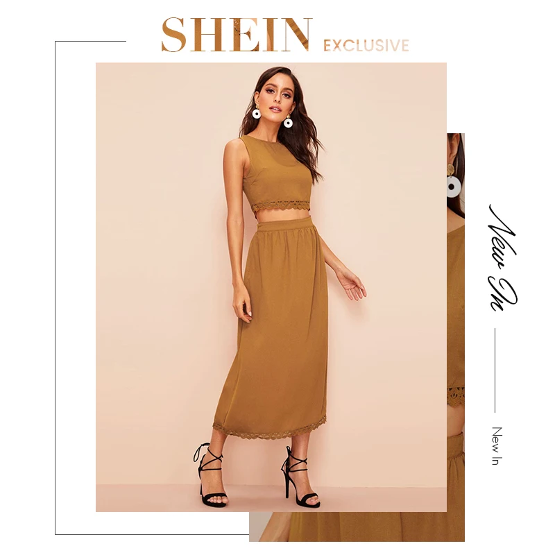 SHEIN 70s Топ С Пуговицами Сзади И Кружевной Отделкой И Юбка Комплект Женский Летний Элегантный Топ Без Рукавов И Юбка