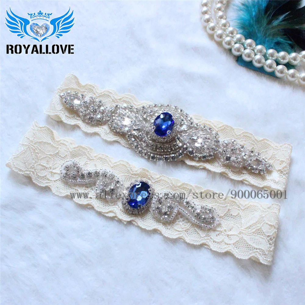 Винтажные синие свадебные кружевные подвязки цвета слоновой кости хрустальные с