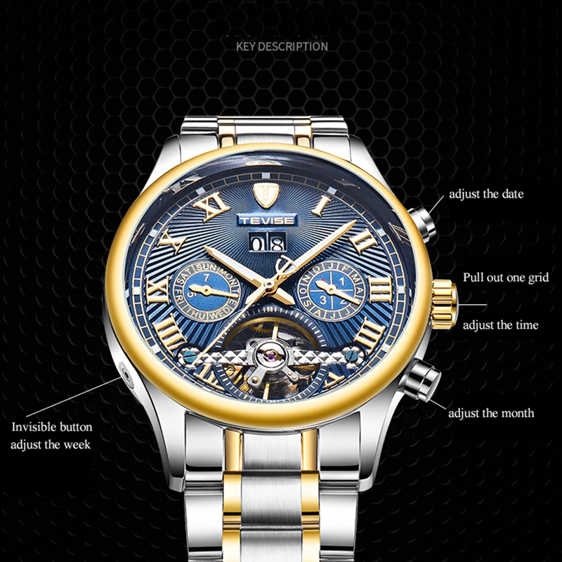 TEVISE Tourbillon автоматические наручные часы с скелетом мужские автоматическим датой