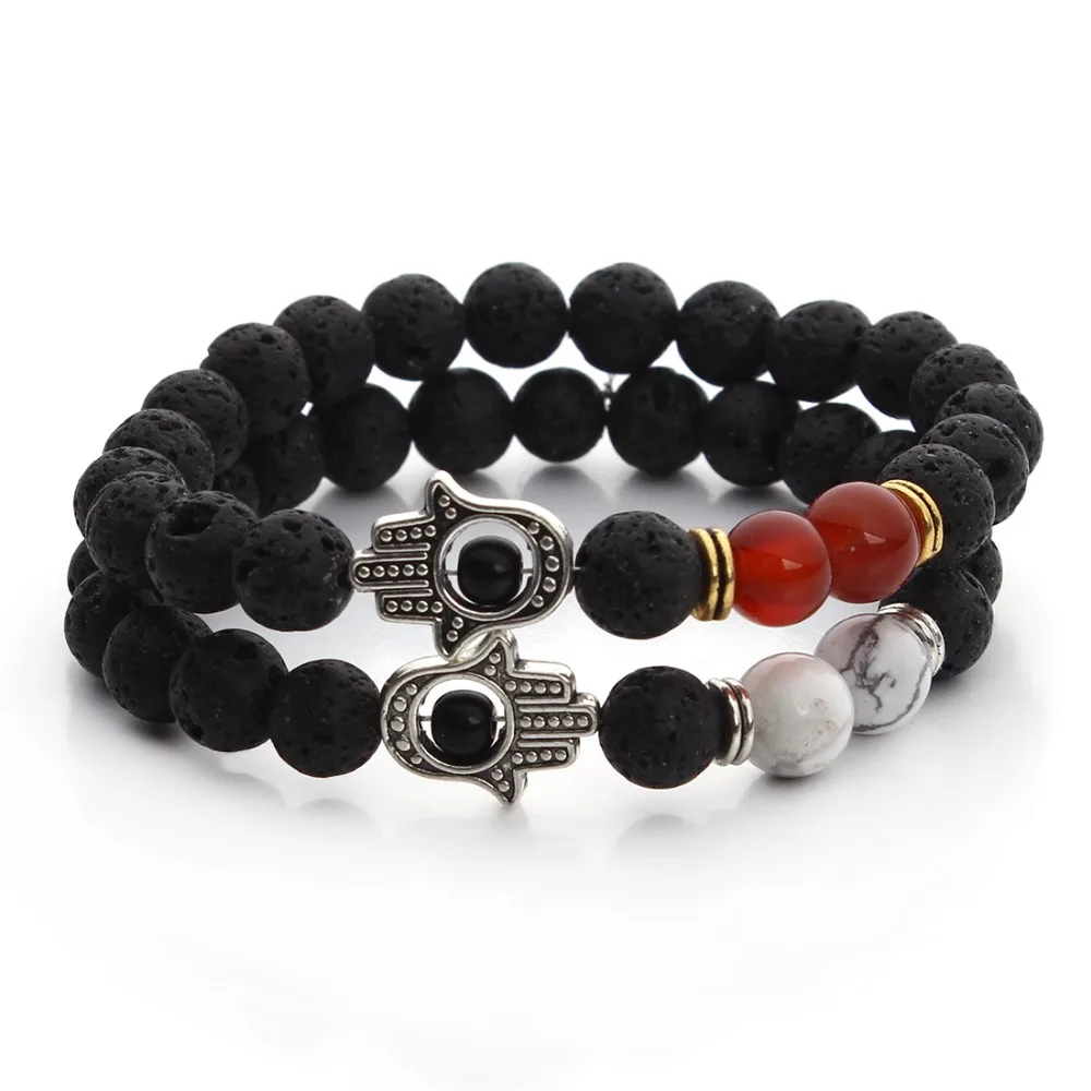 New Red White Beads Bracelet Antique Silver Hamsa Hand Black Lava Stone Yoga Energy Bracelets for Women F3227 | Украшения и
