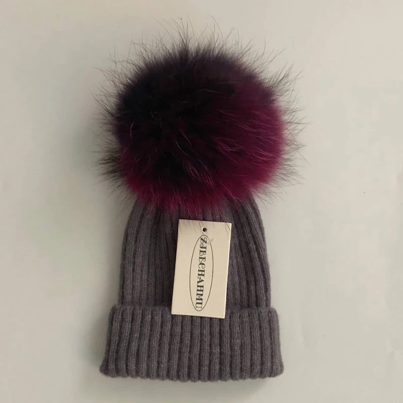 Children Dark Drey Повседневные помпоны из натурального Лисьего меха и норки, 15 см, Skullies Beanies, шапки для женщин и девушек, зимние шерстяные теплые шапки Skullies Beanies, шапки, Новые шапки - Color: Children Dark Drey
