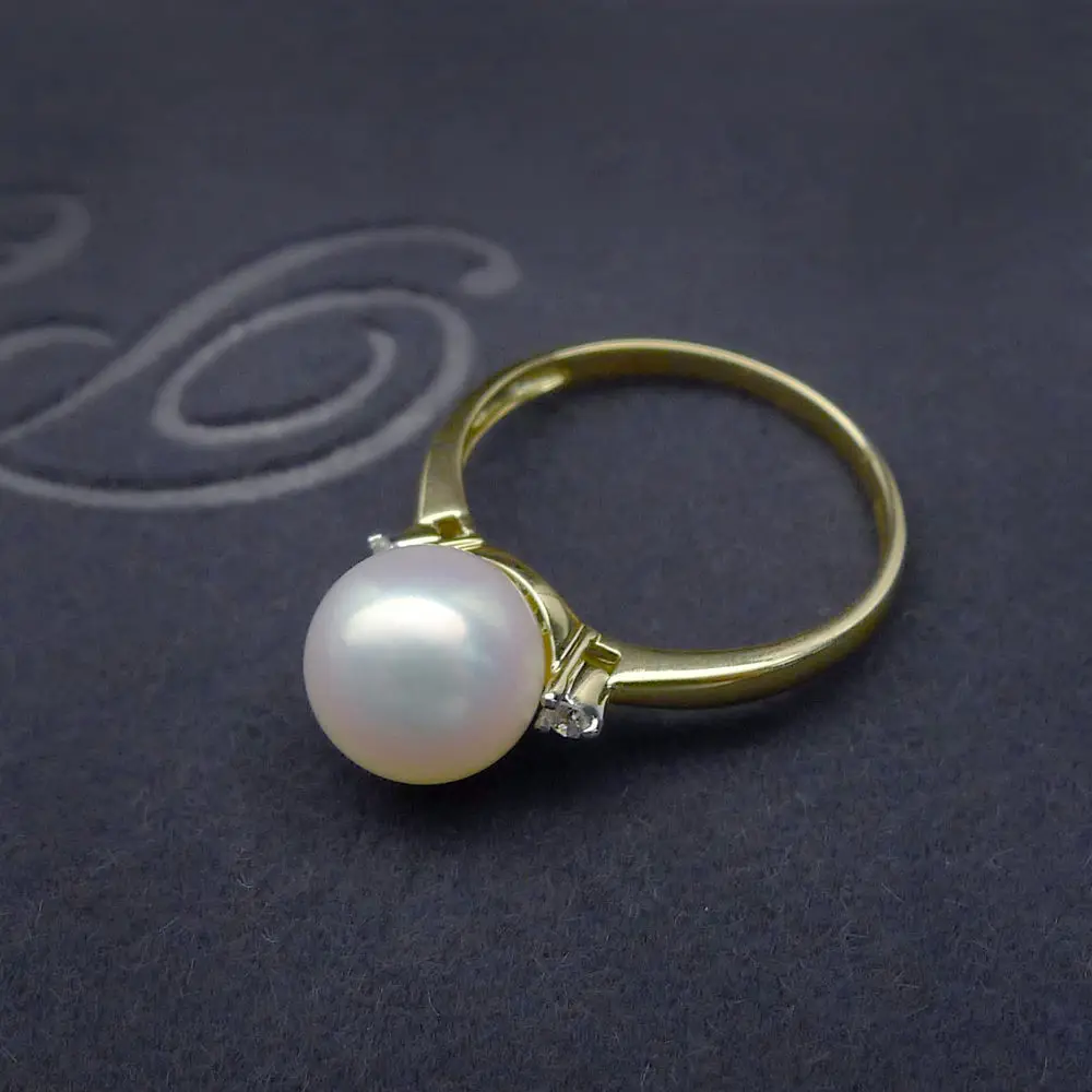 8 5 9 мм Круглое Белое подлинное кольцо Akoya с жемчугом и бриллиантом 18K желтое