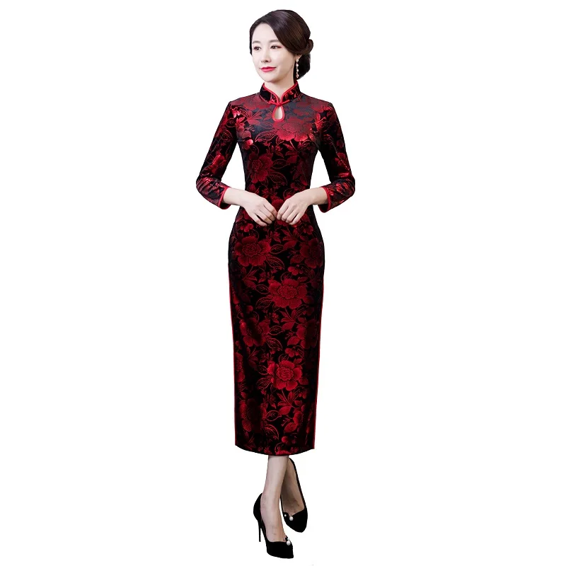 Шанхай история Замочная скважина с длинным рукавом Винтаж Цветочный Qipao длинный