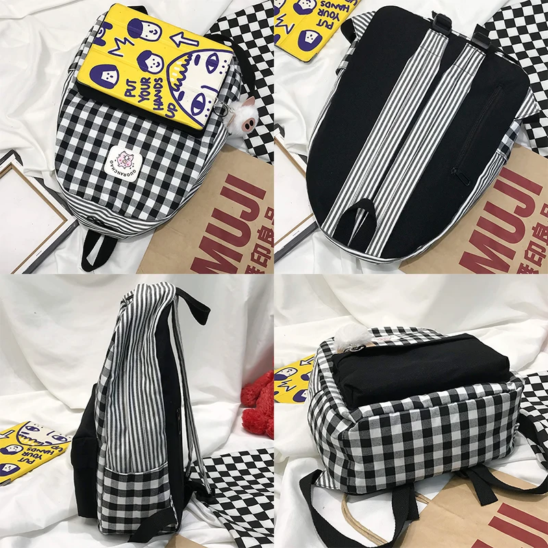 Student Female Pig Plaid Backpack Cute Women Canvas School Bags Girl Kawaii Backpack Fashion Book Ladies Teenage Bag Luxury New