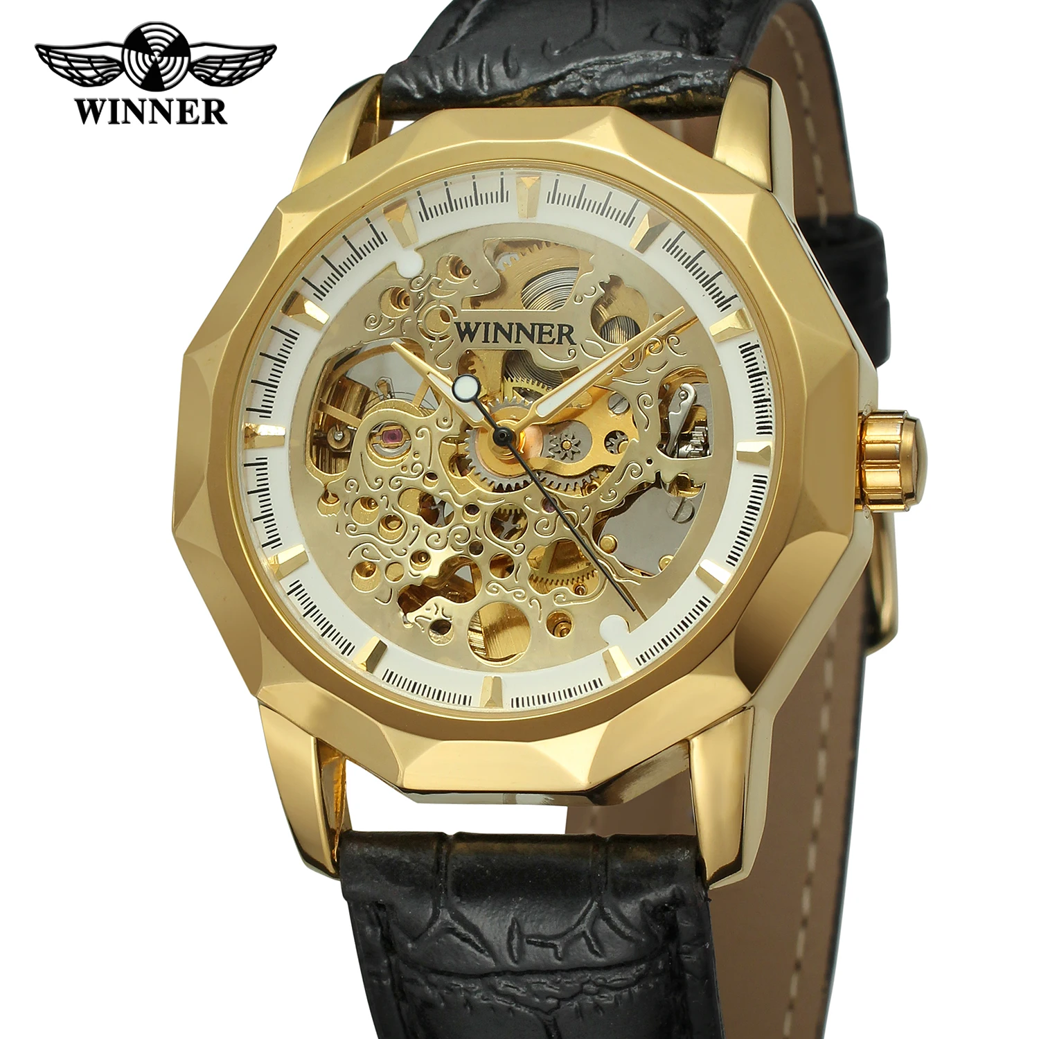 Relógio de Pulso Moda Vencedor Marca Superior Masculino Esqueleto Mecânico Casual Vento Automático Luxo Completo Ouro Aço Relógio 2021