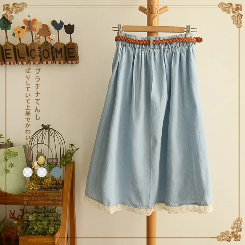 Эластичная резинка на талии Лоскутные кружевные однотонные джинсовые юбки mori