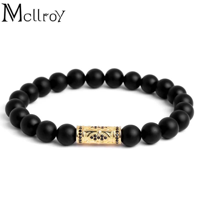 Mcllroy new brand MCLLROY 8mm natural black lucky beads bracelets gentleman micro-paved anchor cross yoga Vintage bracelet Men | Украшения