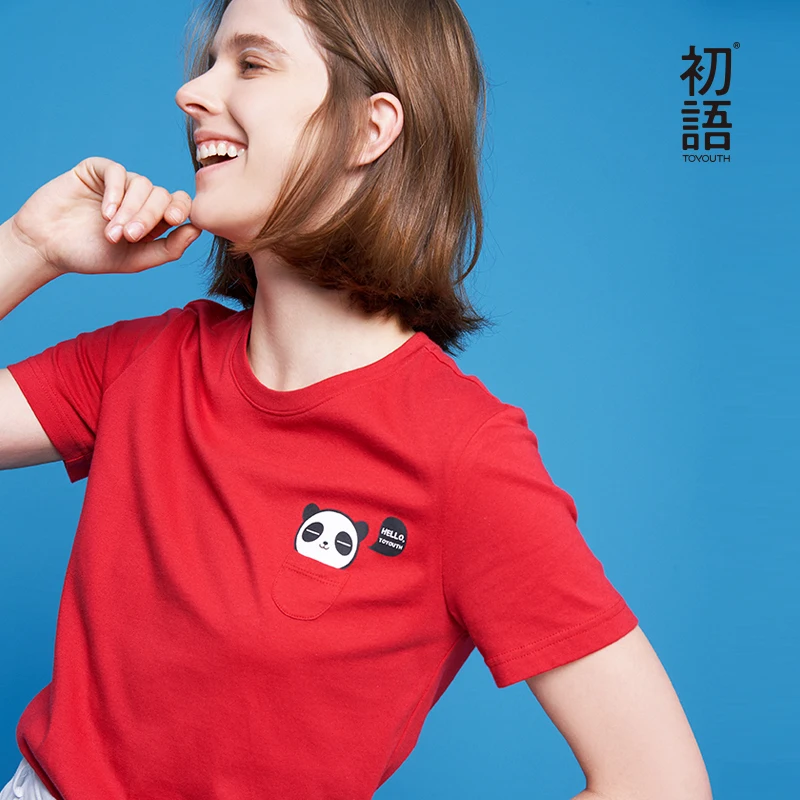 Toyouth Лето Для женщин Kawaii футболка Смешные животные печати карман серии топы Короткий рукав хлопковая Футболка Femme Ins милые футболки