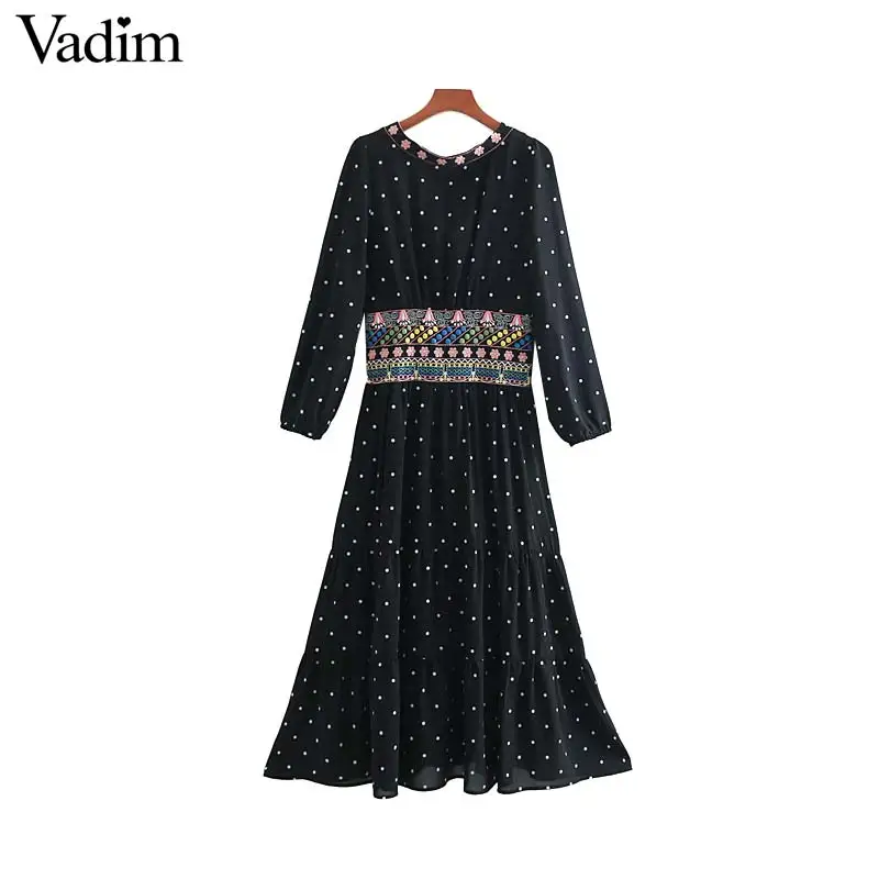 Вадим Женские винтажные в горошек с вышивкой платье миди v образным вырезом