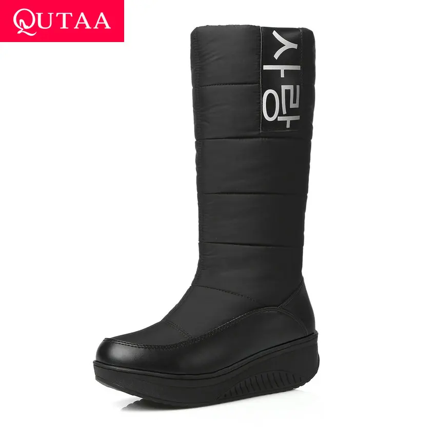 Женские сапоги на меху QUTAA черные теплые до середины икры из искусственной кожи