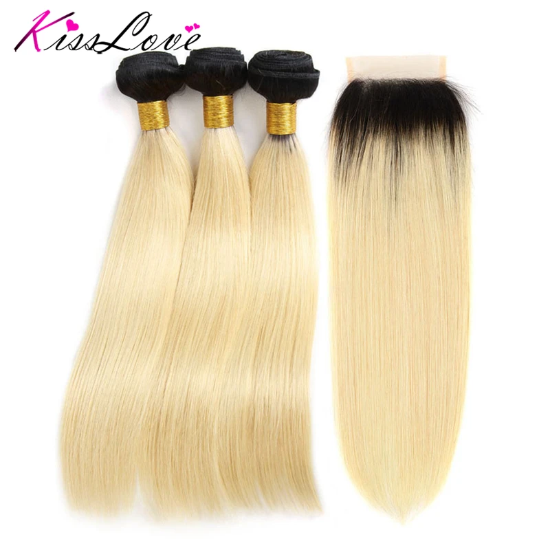 Kiss Love Ombre Bundles with Closure Indian Hair 1B 613 Color Human Hair 3 Bundles With Lace Closure Straight Hair Extension