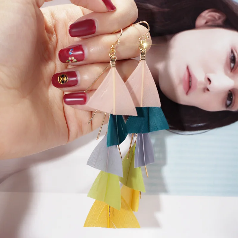 DREJEW Bohemian Triangle Feather Long Colorful Statement Earrings Christmas 925 Alloy Drop Sets for Women Jewelry 3100 | Украшения и