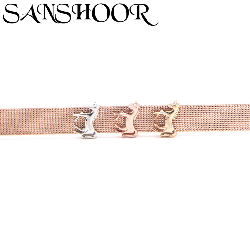 SANSHOOR Jewelry Silver Gold Unicorn Horse Slide Charms Keeper Fit 10mm Stainless Steel Mesh Bracelet for DIY Accessories Making | Украшения
