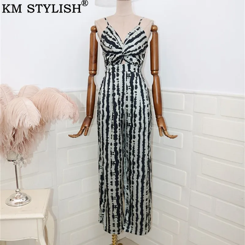 

Sexy Lady Deep V-neck Cross Folding Openwork Slim Waist Strap Print Striped Sling Strapless Jumpsuit Straight Wide Leg Pants