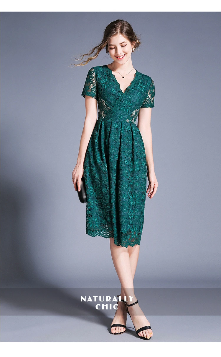 Women Green Dresses Hollow Out Floral Lace Runway Slim Fashion Evening Party Dress Office Lady Work Vestidos Autumn Vintage robe