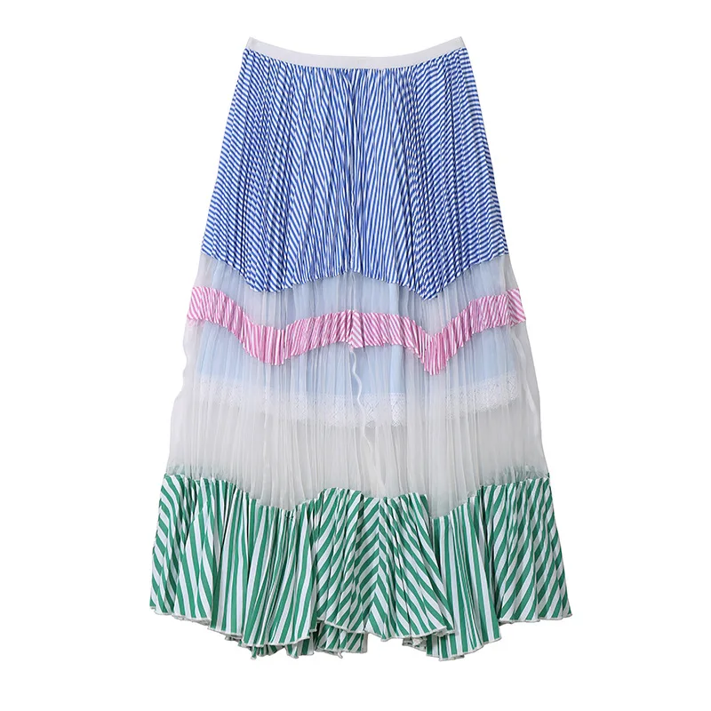 Женская плиссированная юбка с высокой талией длинная кружевная эластичной