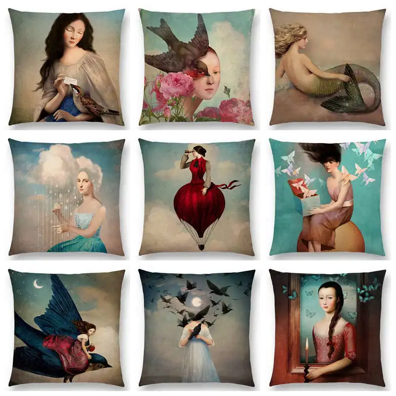 

Fantasy Elegant Lady Beautiful Girl Shakespeare Style Oil Painting Moon Music Fairytale Flower Bird Cushion Cover Pillow Case