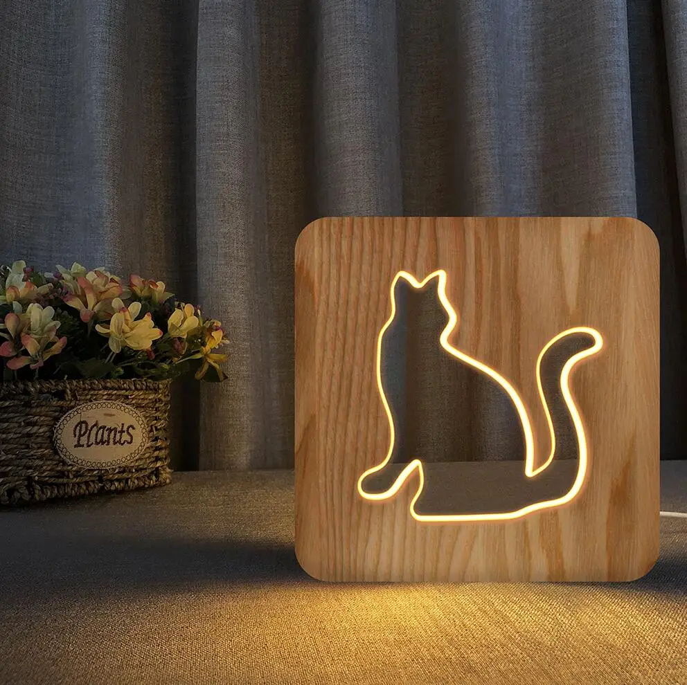 B Ночник кот Деревянная лампа животное милый кавайный котик лапа лампа 3D USB светодиодный настольный свет переключатель управления дерево врезной светильник для украшения детской комнаты - Испускаемый цвет: B