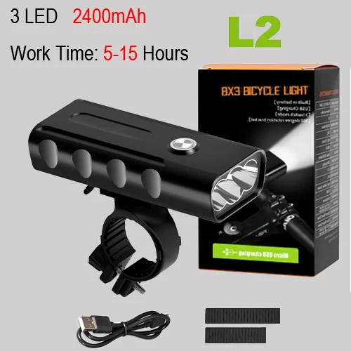 L2 5 hours 3 LED Велосипедный светильник NEWBOLER, 5200 мА/ч, комплект, T6 L2, вспышка, светильник для велосипеда, 2400 люмен, светодиодный фонарь, USB, головной светильник, кронштейн, велосипедная лампа Fornt - Цвет: L2 5 hours 3 LED