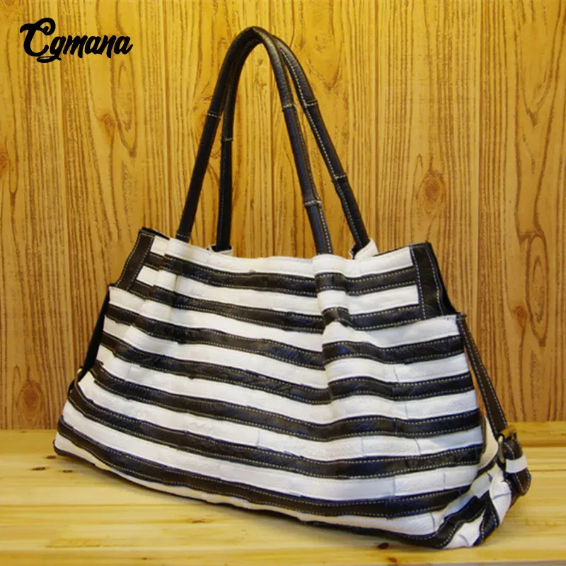 CGmana 100% Genuine Leather Women Handbag First Cowhide Fashion Striped Stitching Shoulder Bags Casual Tote | Багаж и сумки