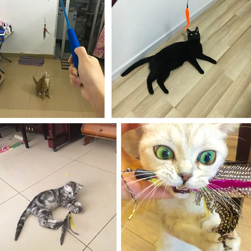 1 шт./лот, удлиненная Удочка с перьями для кошек, игрушки для прыжков, помощь на поезде, забавный кот, чайный набор для котенка