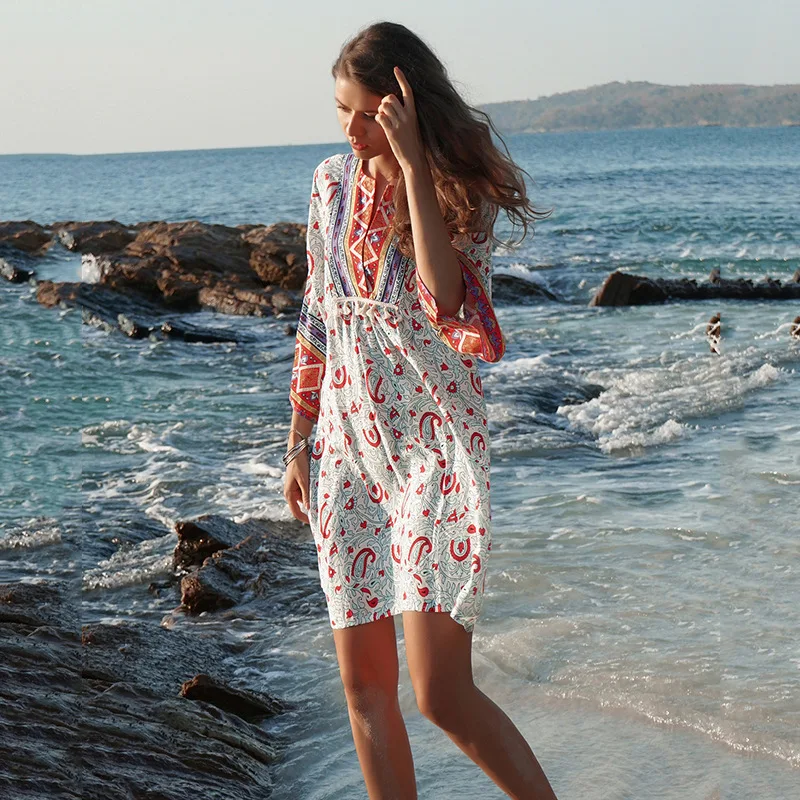 Женское мини платье с принтом в этническом стиле свободное короткое длинным