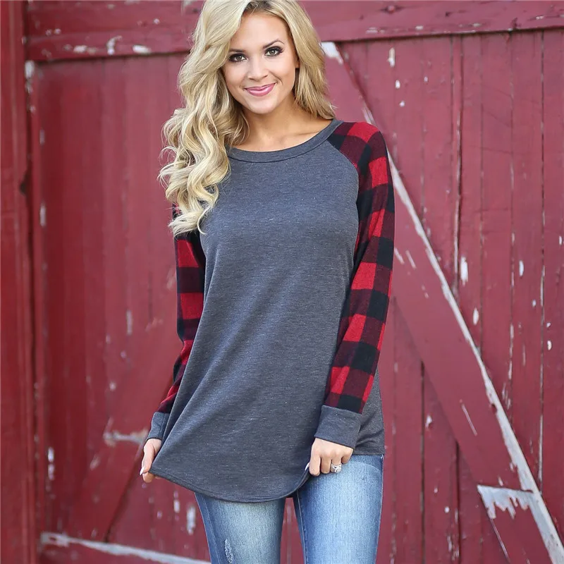 Rogi Female T-Shirts Casual Long Sleeve T Shirt Women 2019 Fashion Plaid Patchwork Baseball Tops Tee Femme Camiseta Mujer | Женская