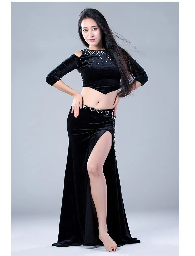 Осень-зима Для женщин комплект из 2 частей Bellydance костюм из бархата с длинными рукавами Блузка с боковыми юбка Корея Дизайн красный зеленый Black Rose