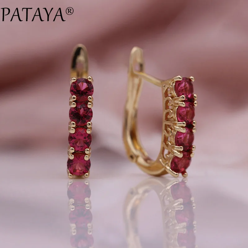 rose red PATAYA, новые Изящные серьги с подвеской, 585, розовое золото, четыре круглых синих естественных циркония, висячие серьги для женщин, модные свадебные милые ювелирные изделия - Окраска металла: rose red