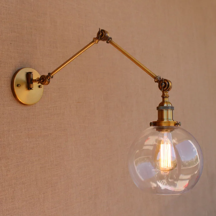 Glass Ball Antique Brass Loft Industrial Retro Vintage Wall Lamp Swing Long Arm Light Wall Sconce Luminaire Apliques Pared