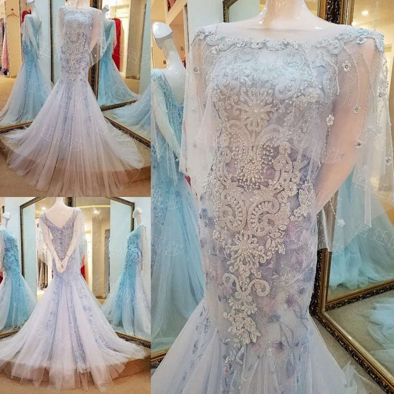 2015 Robe De Soiree светло-Синяя Русалка Аппликация вечернее платье без рукавов с