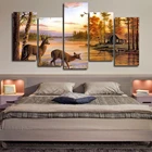 Модульная картина холст настенная Картина Декор 5 шт. животное Antelope напиток вода HD Печать закат бревно ландшафт салона плакат