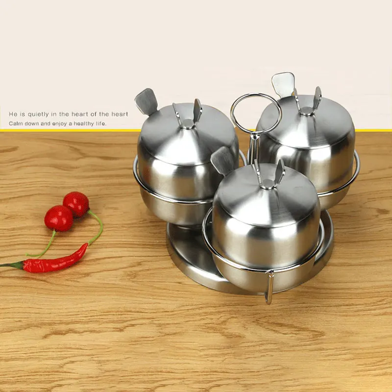 3pcs set 4 шт./компл. вращающийся Нержавеющая сталь сахарница для баночек со приправа горшок специи контейнер канистра графинчик с крышкой и ложка - Цвет: 3pcs set