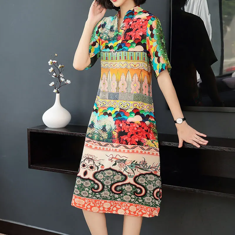 

Women's dress large size M-3XL2019 summer new retro printed silk dress fashion slim lapel dress high quality elegance vestidos