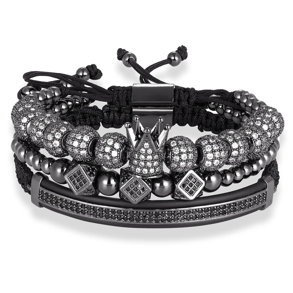 Top Quality Luxury Jewelry 3pcs/Set Bracelet Hip Hop Gold Jewelry Cubic Micro Pave CZ Crown Bead Bracelets For Men Women Gift