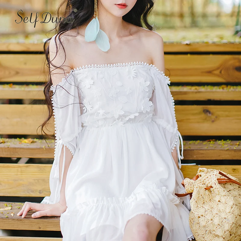 Женское Короткое платье Boho белое шифоновое с цветочной вышивкой Пляжное мини